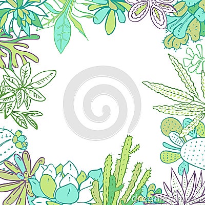 Frame with houseplants, cactuses and succulents. Color vector hand drawn outline sketch illustration Vector Illustration